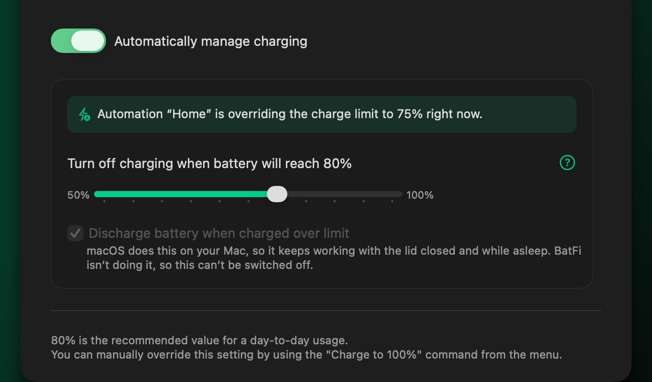 BatFi’s charging settings: automatic charge management on, an automation holding the limit at 75 percent, the limit slider set to 80 percent, and an option to discharge when charged over it.