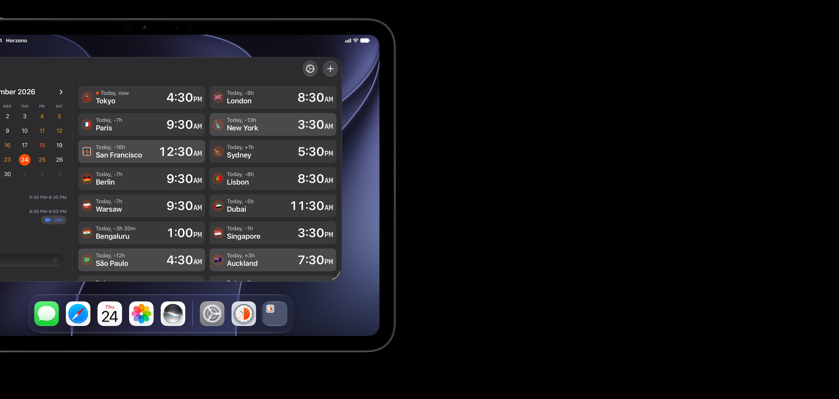 Horzono in dark mode on an iPad in landscape, in a window above the Dock, showing the day's events beside a grid of cities.