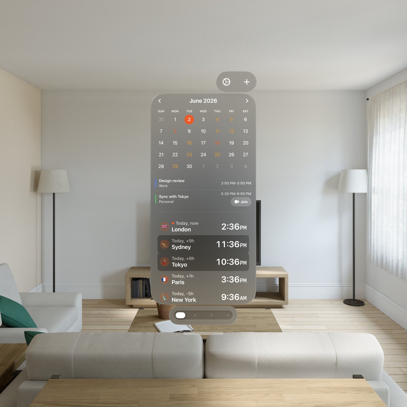 Horzono on Apple Vision Pro, its window floating in a living room: the June 2026 calendar with two events above five cities.