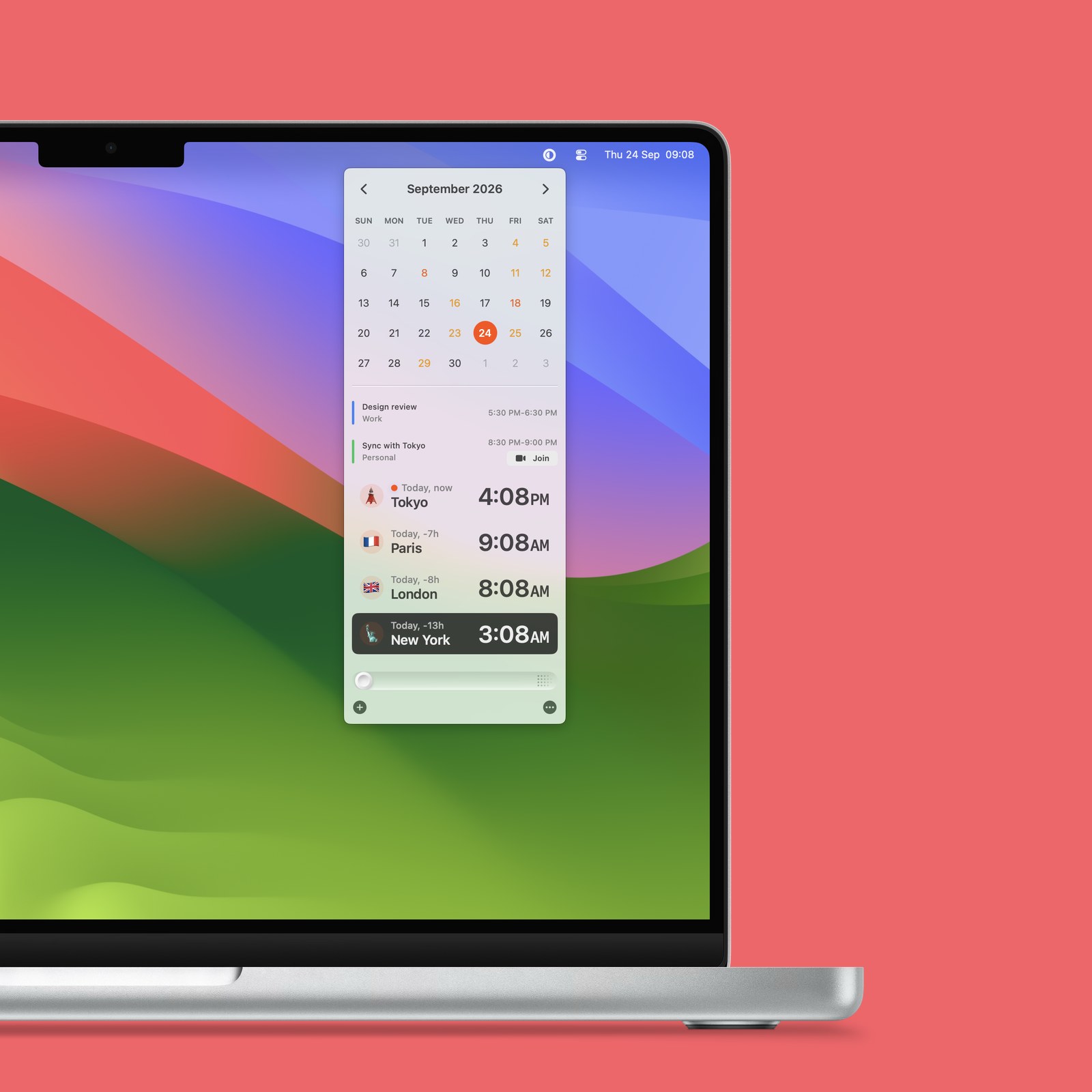 Horzono on a MacBook Pro, open from the menu bar over the Sonoma wallpaper: the September 2026 calendar, two events and four cities with their local times, above the time offset slider.