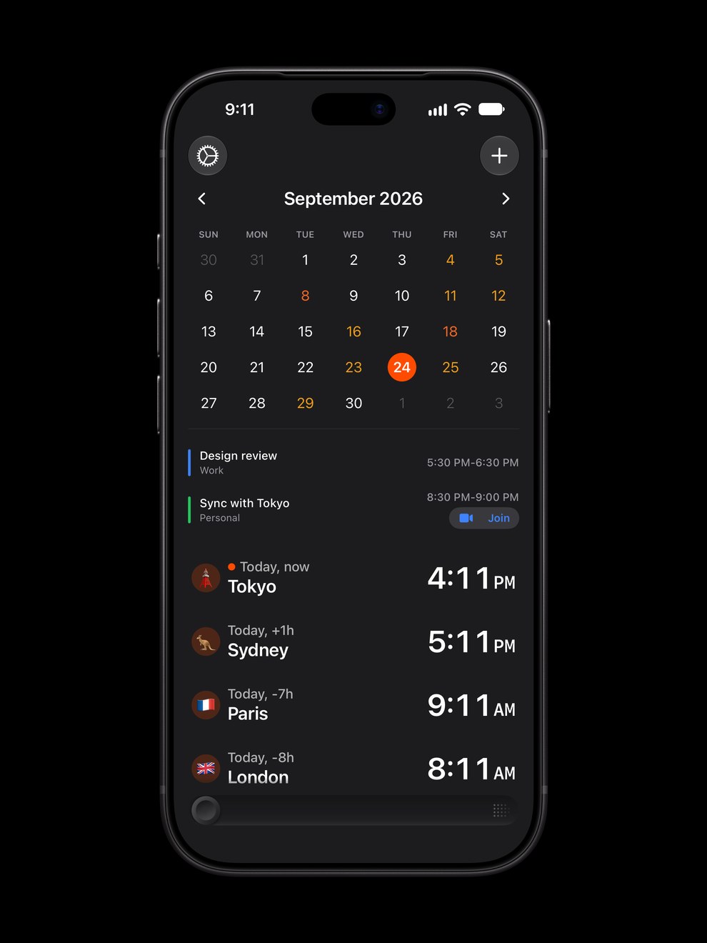 Horzono on iPhone in dark mode: the September 2026 calendar with the day's two events, Design review and Sync with Tokyo, above Tokyo, Sydney, Paris and London, each with its local time.