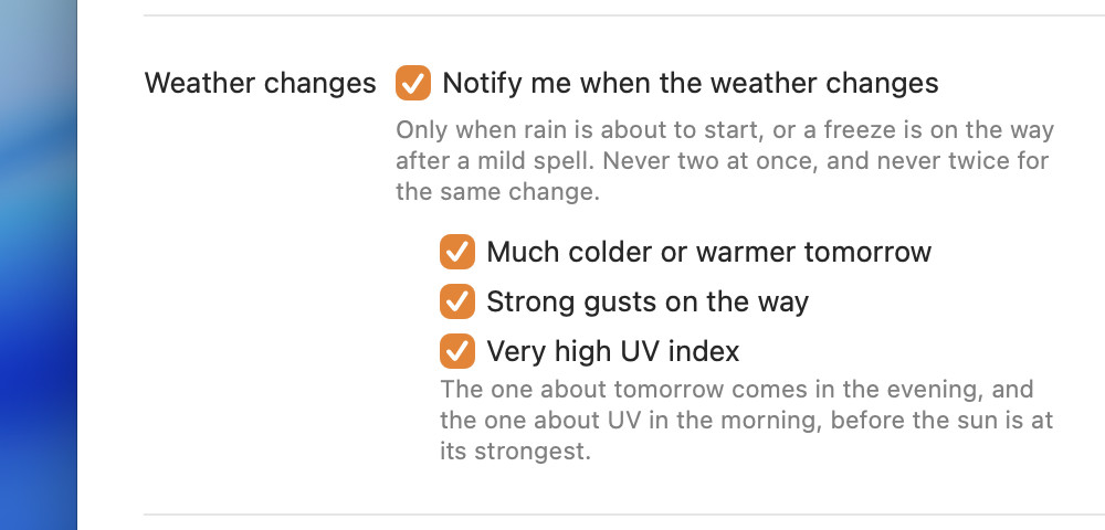 Vetero's notification settings for weather changes: rain about to start or a freeze after a mild spell, and much colder or warmer tomorrow, strong gusts on the way and a very high UV index.