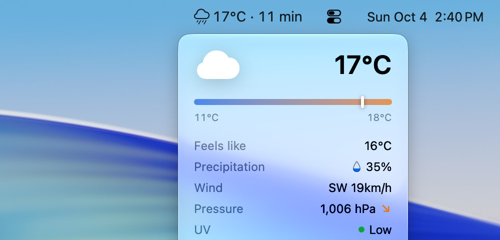 Vetero in the menu bar counting down to rain, 17 degrees and 11 minutes, above the top of its popover.