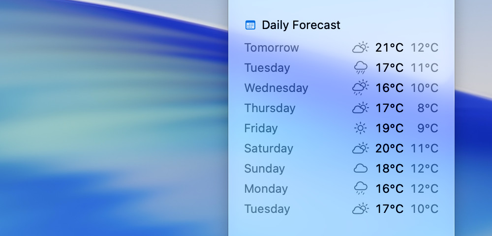 The daily forecast in Vetero's popover: tomorrow and the eight days after it.