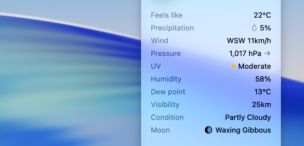 Vetero's readings: feels like, precipitation, wind, pressure with its trend, UV, humidity, dew point, visibility, the condition and the moon.