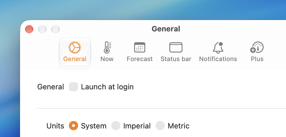 Vetero's settings window on its General tab: Launch at login, and units set to System, beside Imperial and Metric.