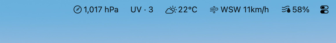 Vetero's items in the Mac menu bar: pressure, UV, wind and humidity, each an item of its own, beside the temperature with a weather symbol.